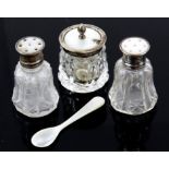 Cased silver and mother of pearl mounted 4 piece cruet set, Birmingham 1932