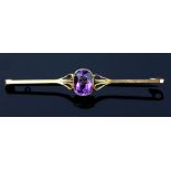 Single Amethyst set 9 carat gold bar brooch