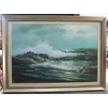 Oil on board. waves crashing on a rocky coastline, signed indistinctly H. Poonil, 90cm x 61cm