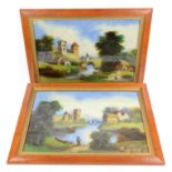 Pair of 19th century reverse glass paintings of landscapes , framed, 40cm x 60cm