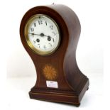 Edwardian mahogany satinwood inlaid mantle clock, white enamel dial with Arabic numeral chapter