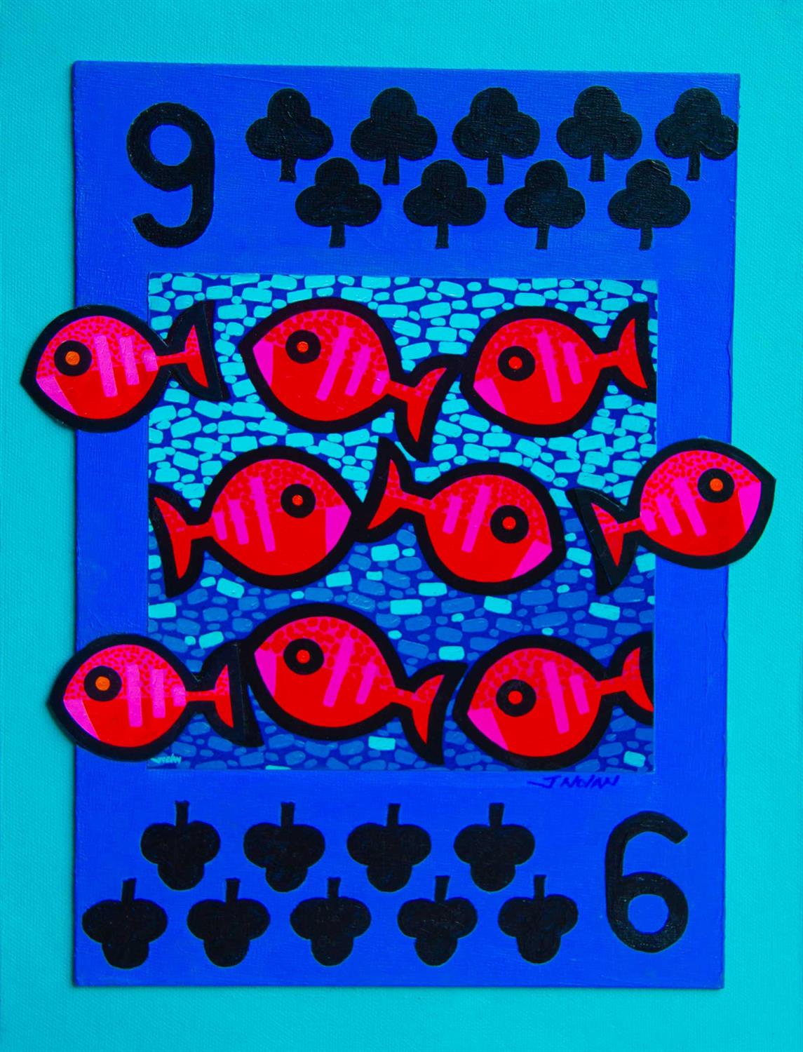 John Nolan. Nine of Clubs. '9 Fish Aswim'. Collage and Mixed Media on canvas. Signed. 36 x 27cm.