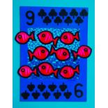 John Nolan. Nine of Clubs. '9 Fish Aswim'. Collage and Mixed Media on canvas. Signed. 36 x 27cm.