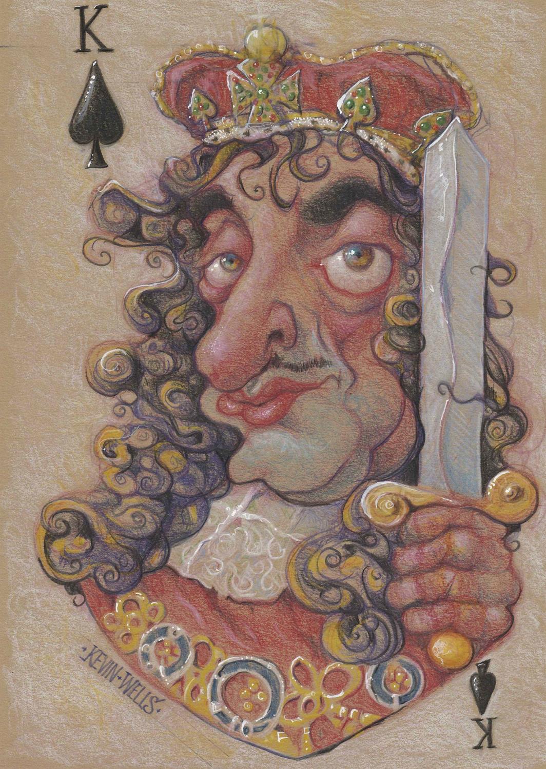 Kevin Wells. King of Spades. Coloured pencil and white ink on paper, 30 x 21cm. Signed.