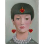 Lizzie Riches. Three of Hearts. Oil painting on canvas, 24 x 18cm. Signed. Lizzie has been a