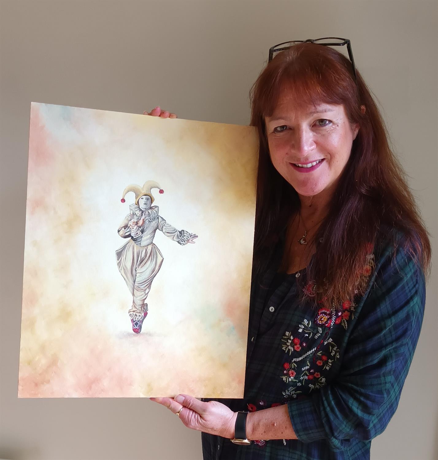Jennie Jewitt-Harris. Joker. 'The Joker'. Oil on canvas board, 50 x 40cm. Signed on reverse. - Image 2 of 2