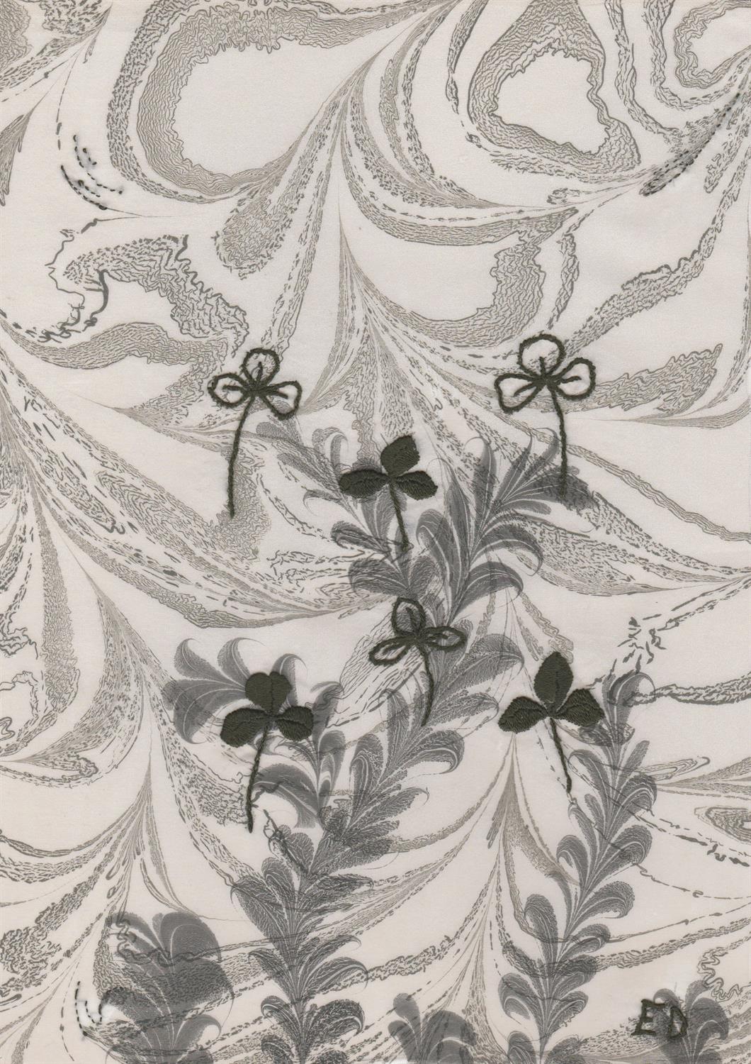 Emma D'Arcey. Six of Clubs. 'Cotswold Clovers'. Hand-marbled silk with hand embroidery,
