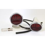 Pair of white enamel stop lights, one with bracket, 9cm red Perspex "STOP" lenses Length 27cm