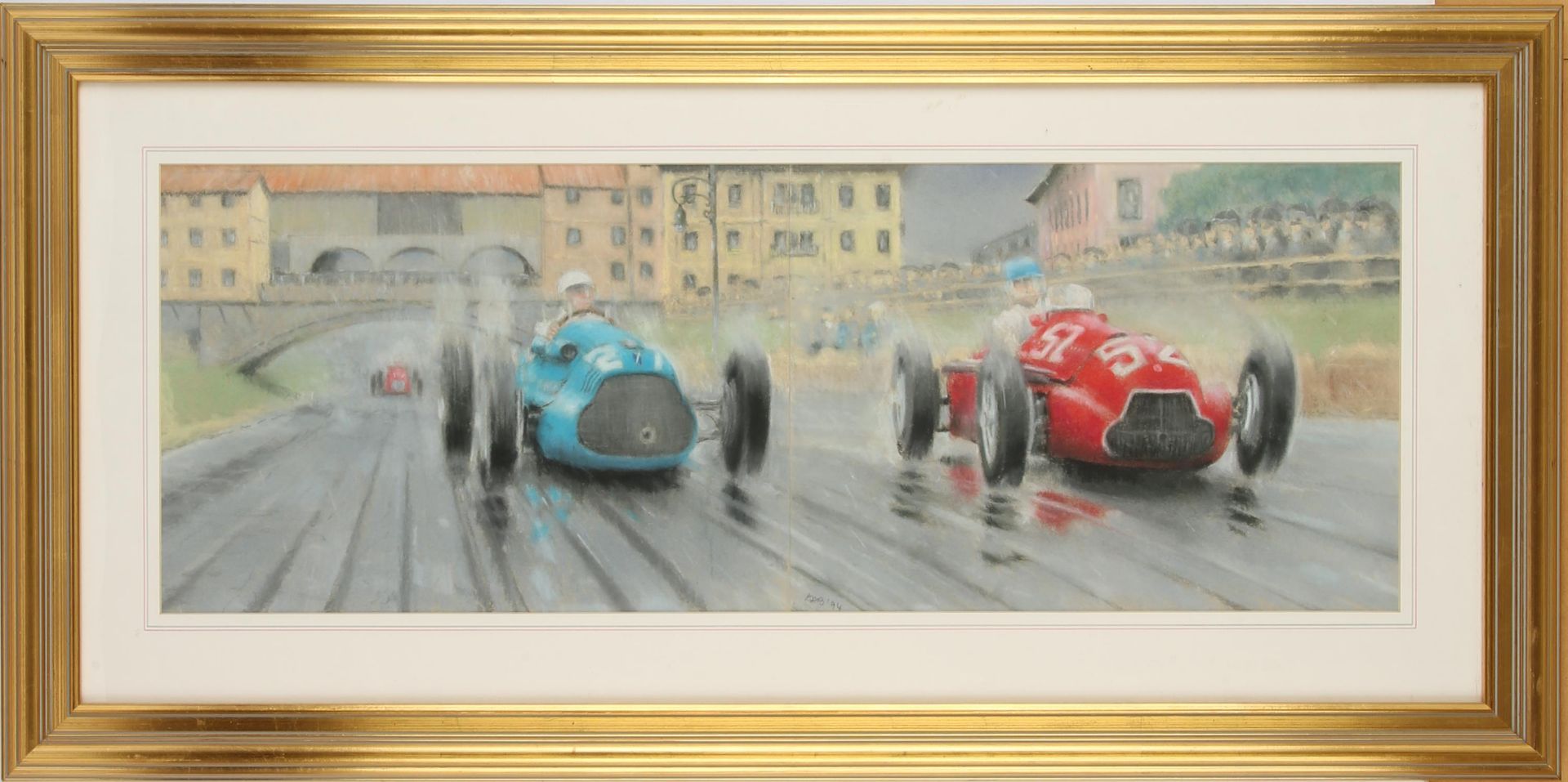 D. A. Brooks (British, twentieth century), Le Mans car racing scene, pastel, initialled, 27 x 77cm,