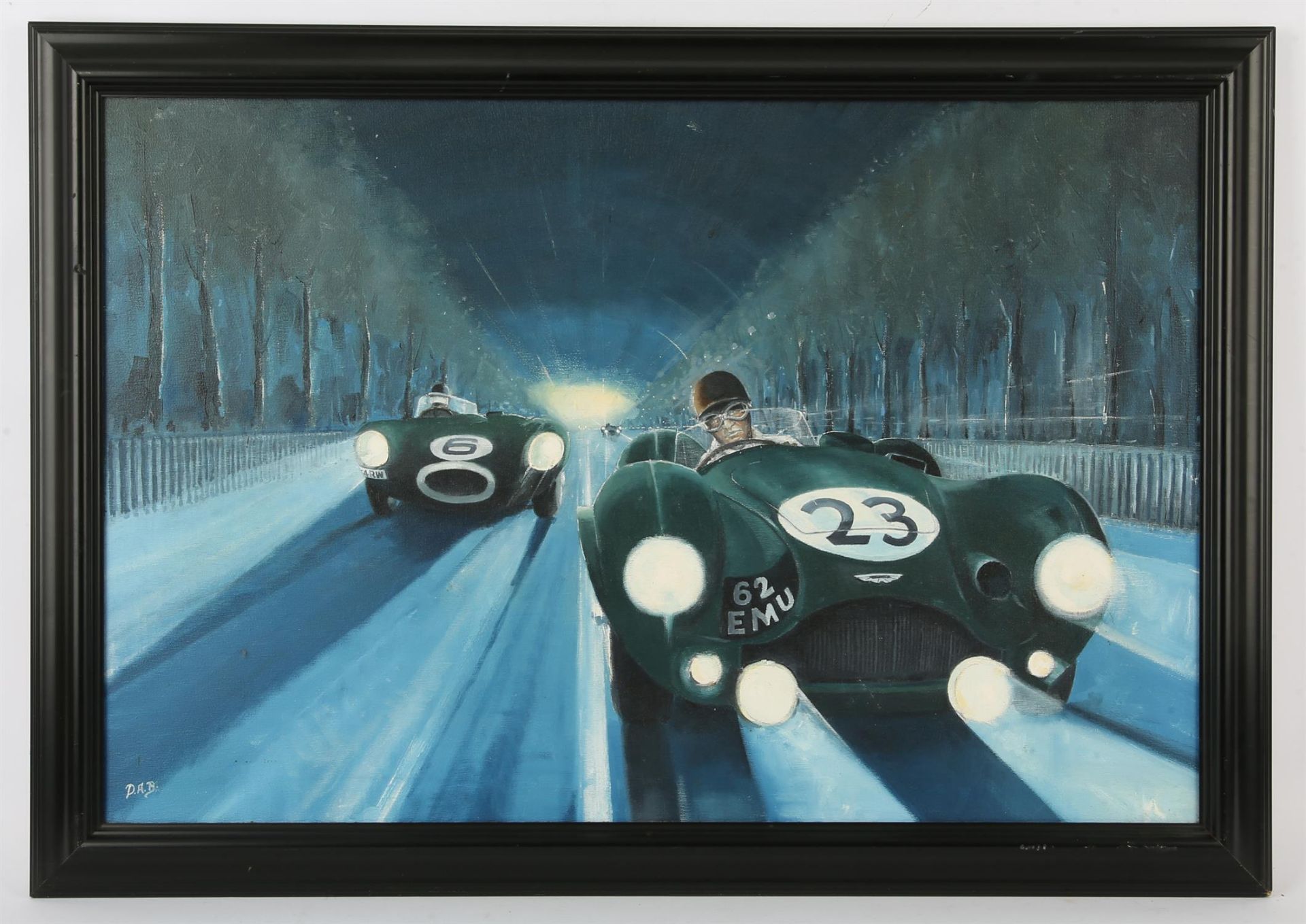 D. A. Brooks (British, twentieth century), nocturnal Le Mans racing scene, oil on canvas,