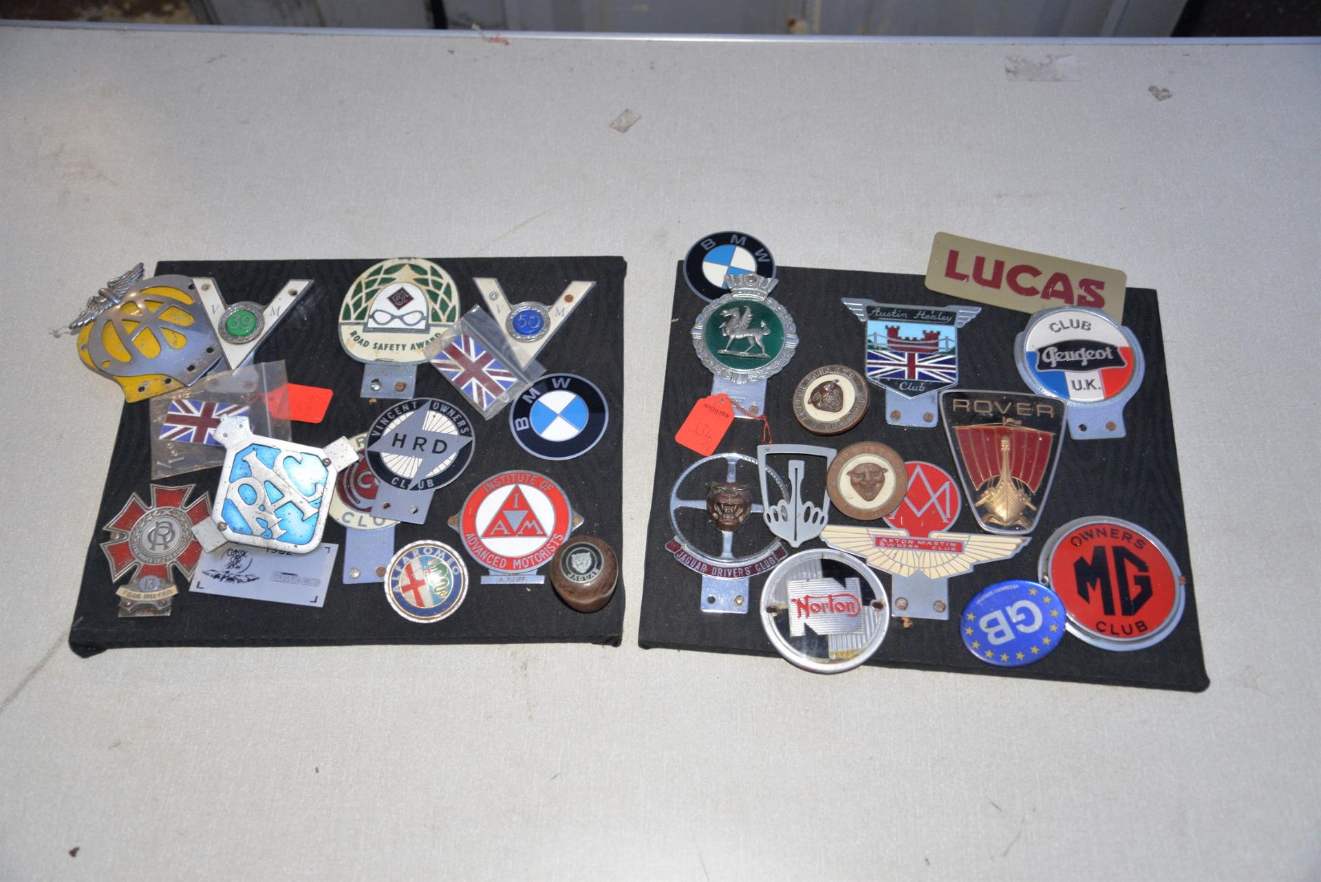 A selection of Vintage car badges including Austin Healey.