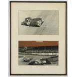 Collection of framed and glazed black and white motor racing photographs, including Stirling Moss,