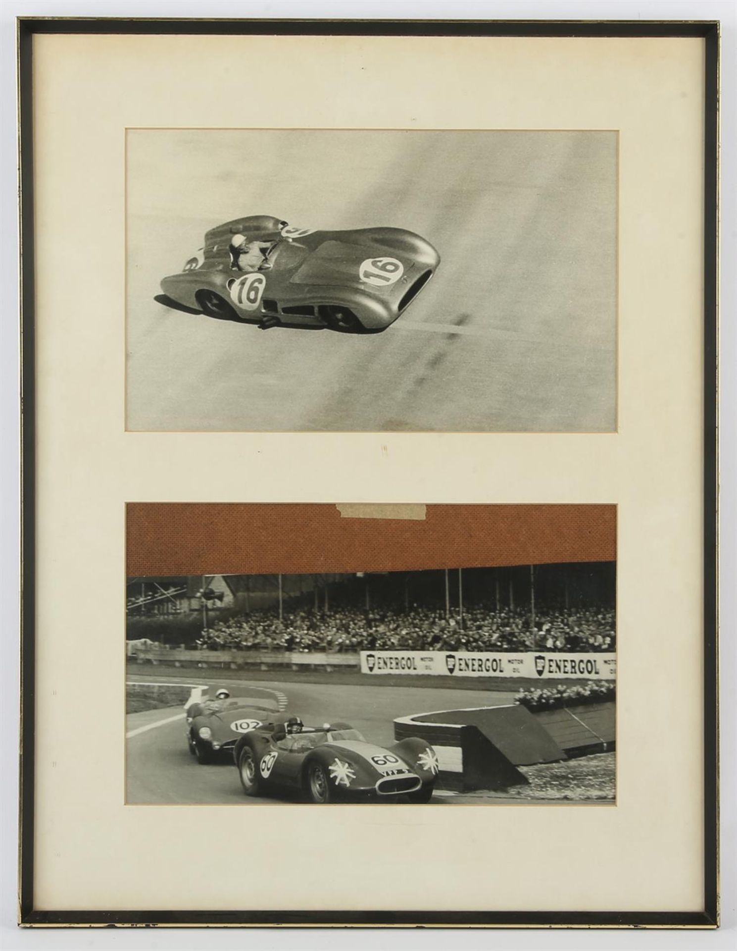 Collection of framed and glazed black and white motor racing photographs, including Stirling Moss,