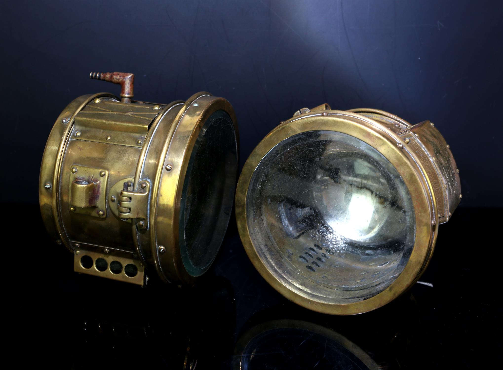 Pair of brass "Searchlight " headlamps by Rushmore Dynamo Works, Plainfield New Jersey, U.S.A.