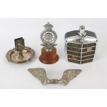 Mounted R.A.C badge, Jaguar ashtray / matchbox holder, and a chrome and plastic decanter in the
