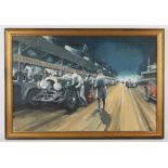 D. A. Brooks (British, twentieth century), car racing scene with Bentley to foreground,