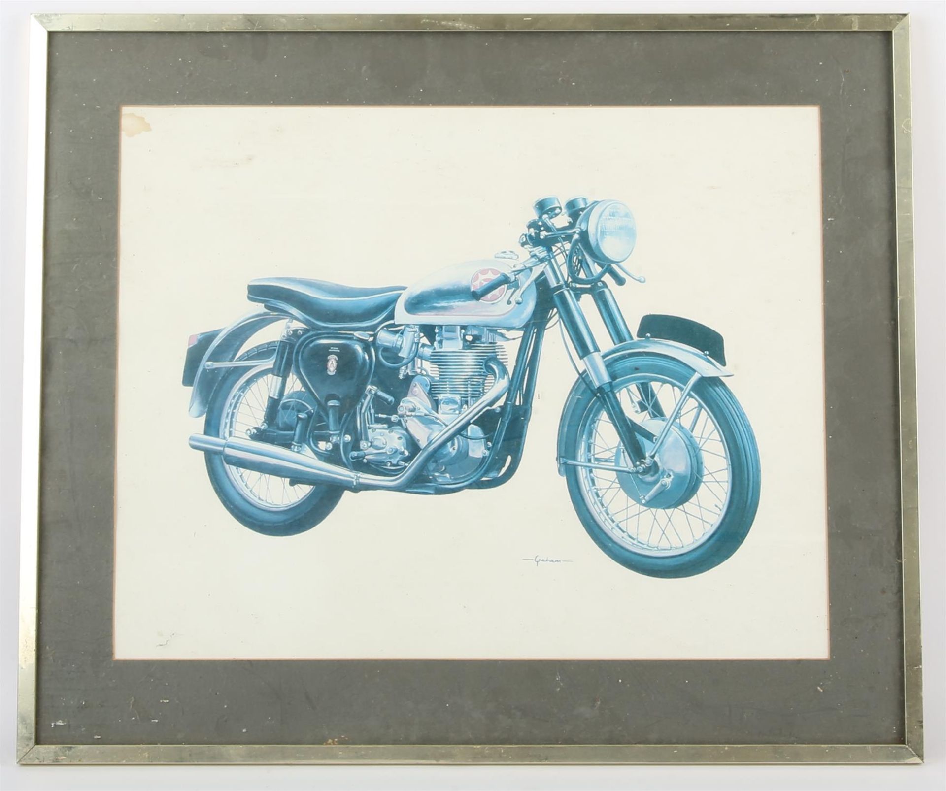 Reproduction motorcycle poster, signed Graham within plate, framed and glazed, main image size 38 x