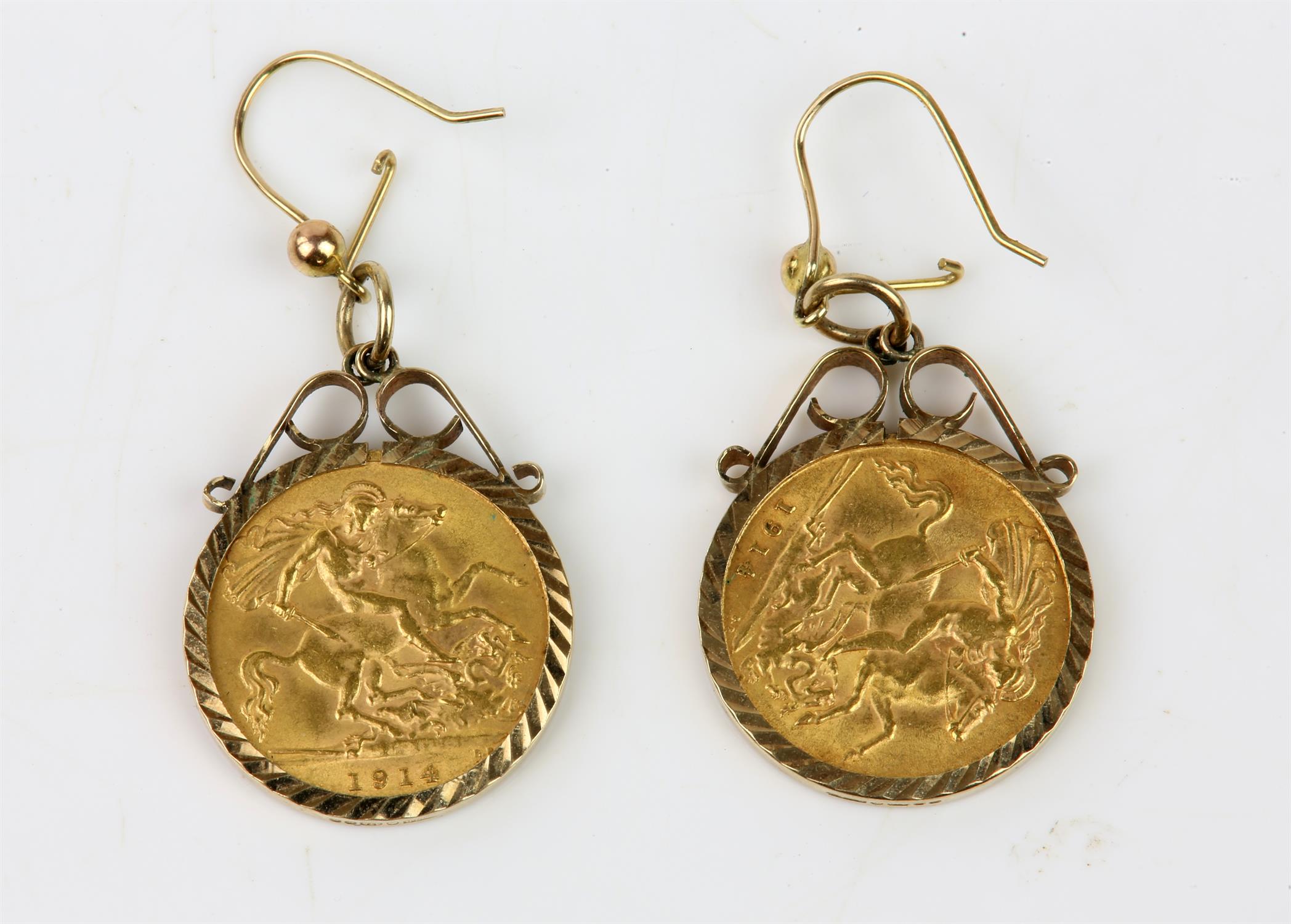 Half sovereign earrings, a George V half sovereign in each earring, mounted in 9ct yellow gold,