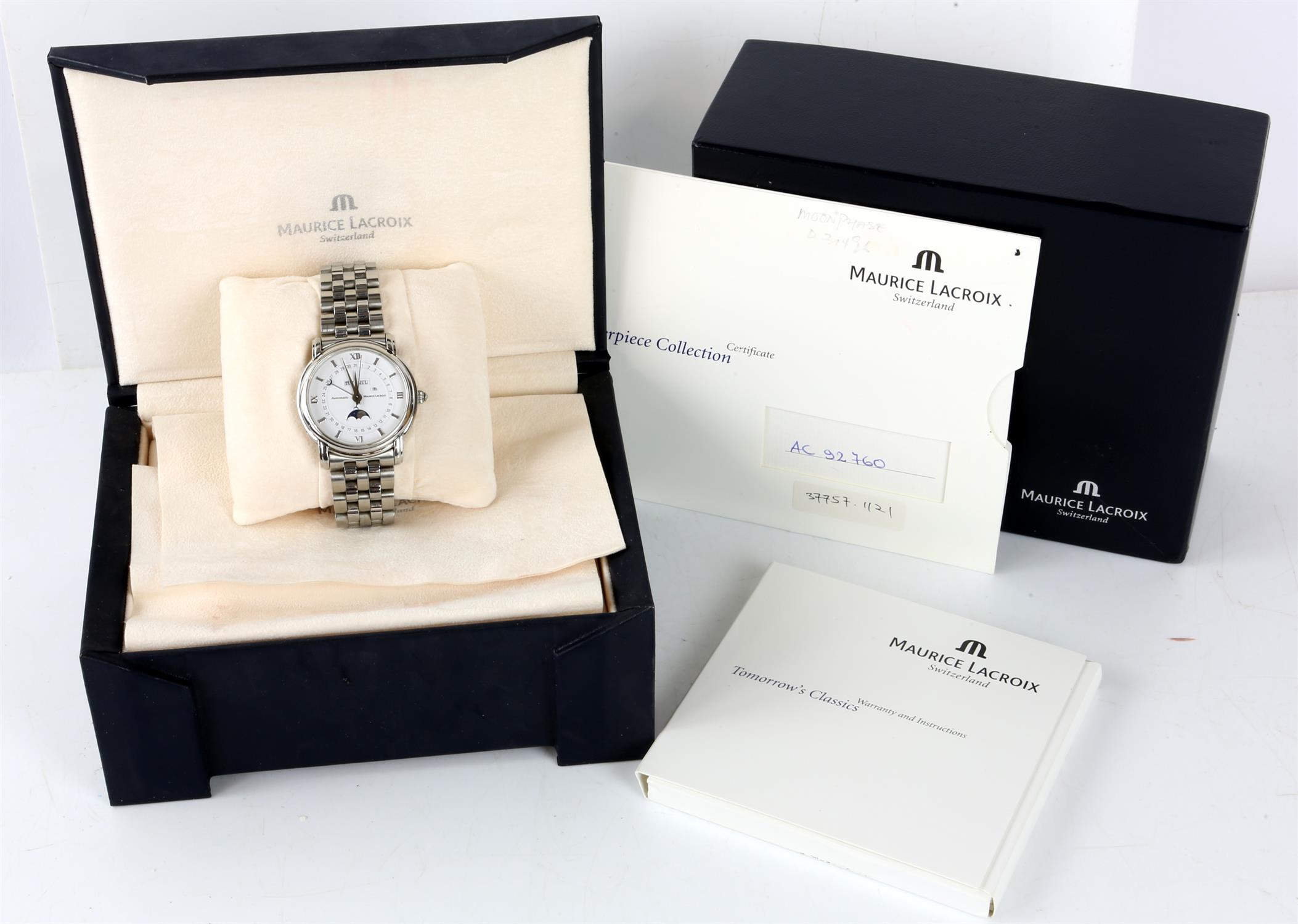 Maurice Lacroix automatic wristwatch, boxed, stainless steel with a white face, day and month