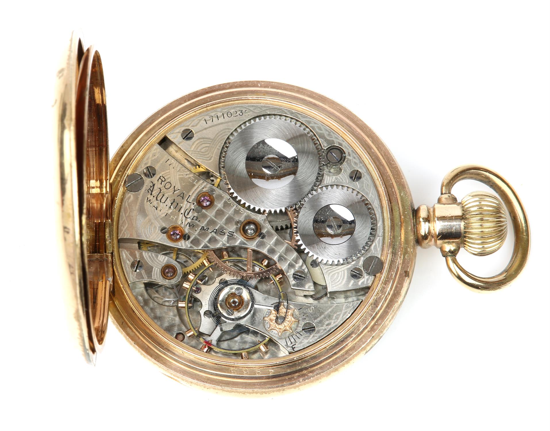 A Waltham Royal open face pocket watch the signed white enamel dial with Arabic numeral hour - Image 3 of 5