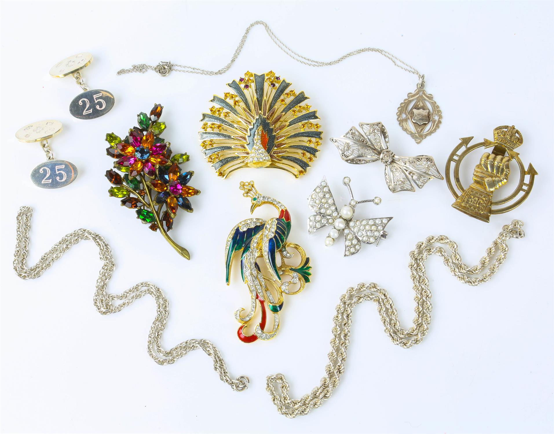 Selection of silver and costume jewellery, including a pearl set butterfly brooch, a bow brooch,