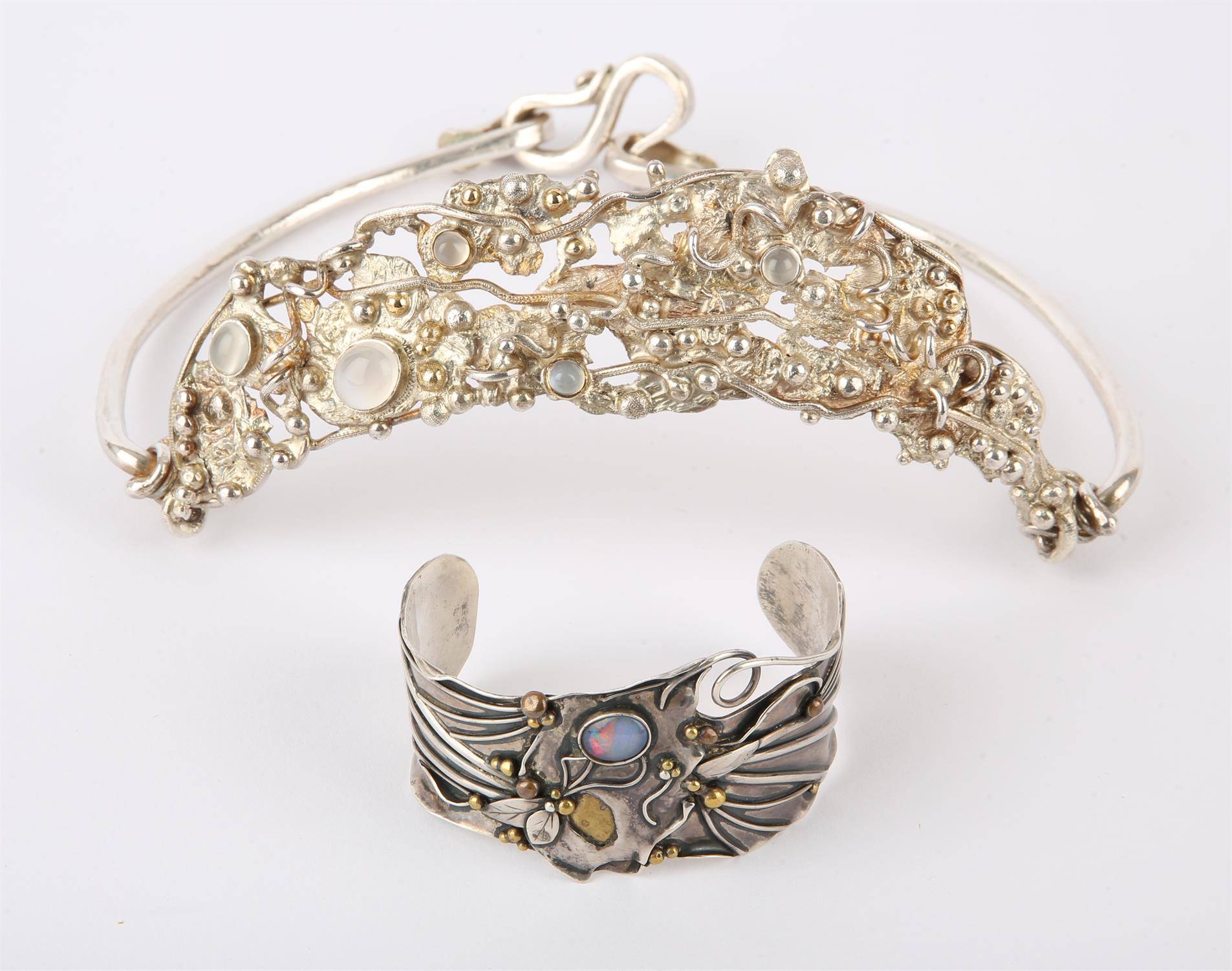 Large silver choker, set with moonstones and garnets, and a silver bangle