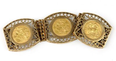 Sovereign bracelet, three George V sovereigns dated 1911, 1913 and 1915, mounted in a 9ct yellow