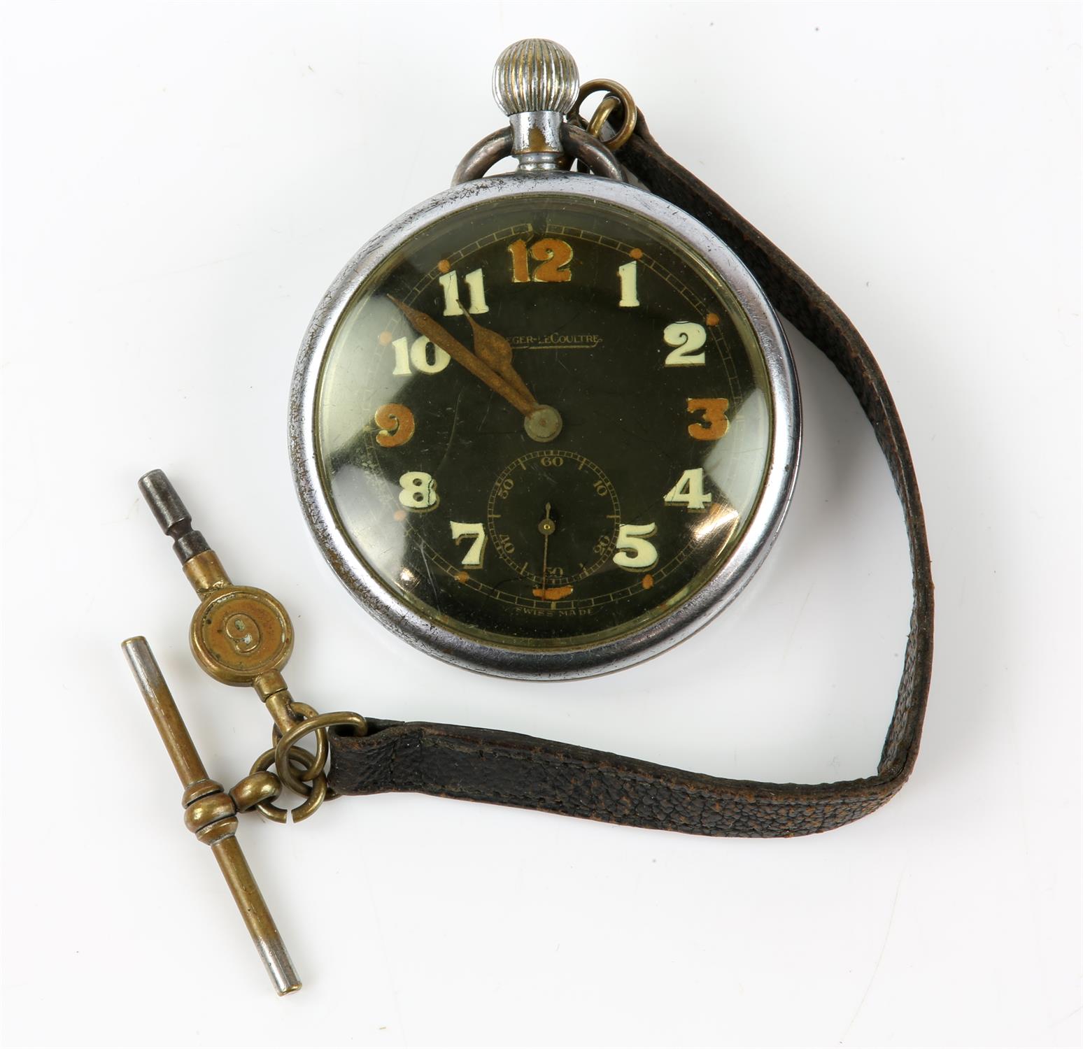 Jaeger Lecoultre, a Military open face pocket watch the signed black dial with roman numeral hour