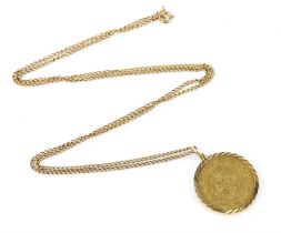 Pendant set with a South African 1 pond coin dated 1896, mounted in 9ct gold, on a fine chain