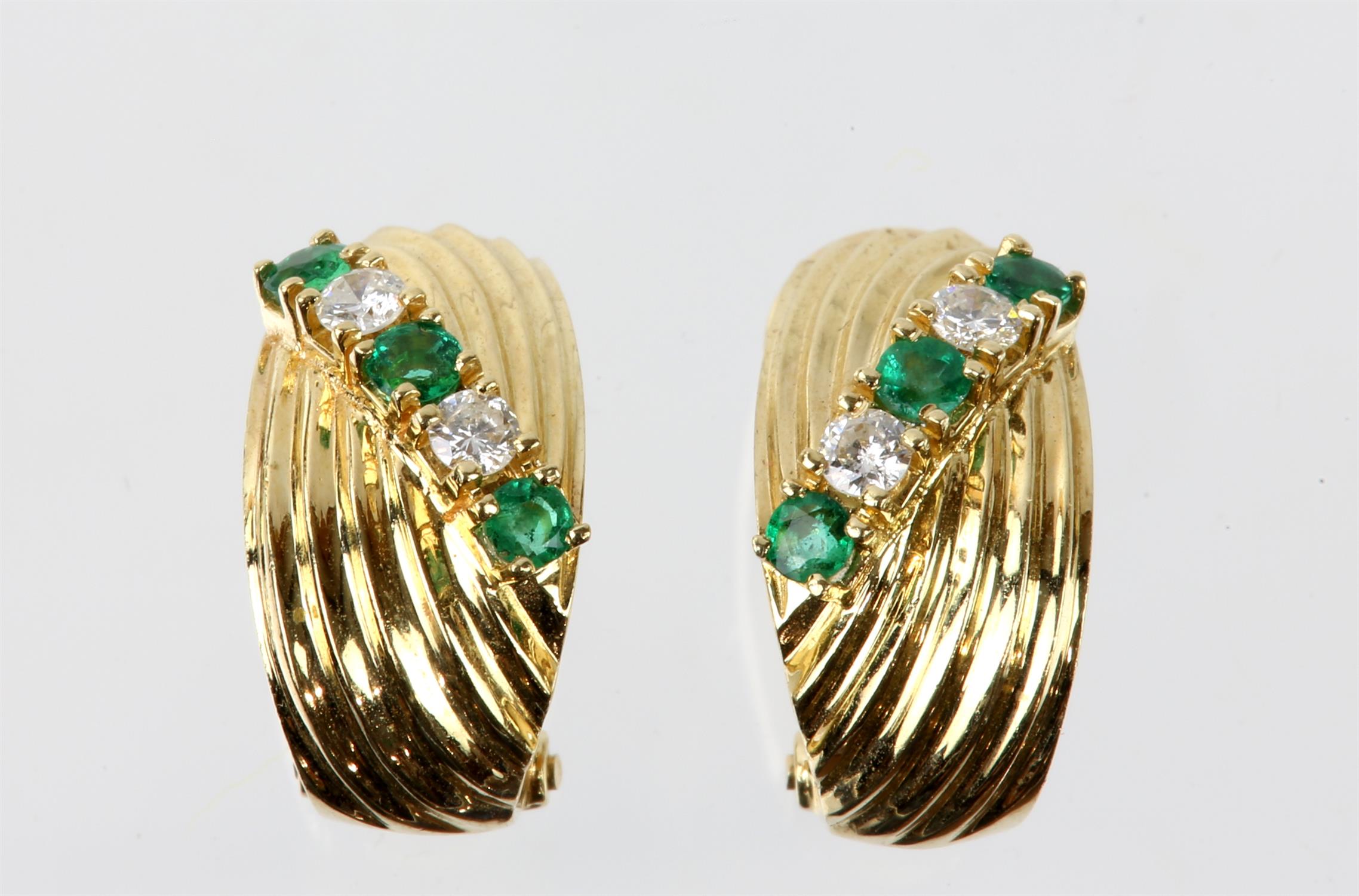 Pair of emerald and diamond clip-on earrings, each earring consisting of three round cut emeralds - Image 2 of 4