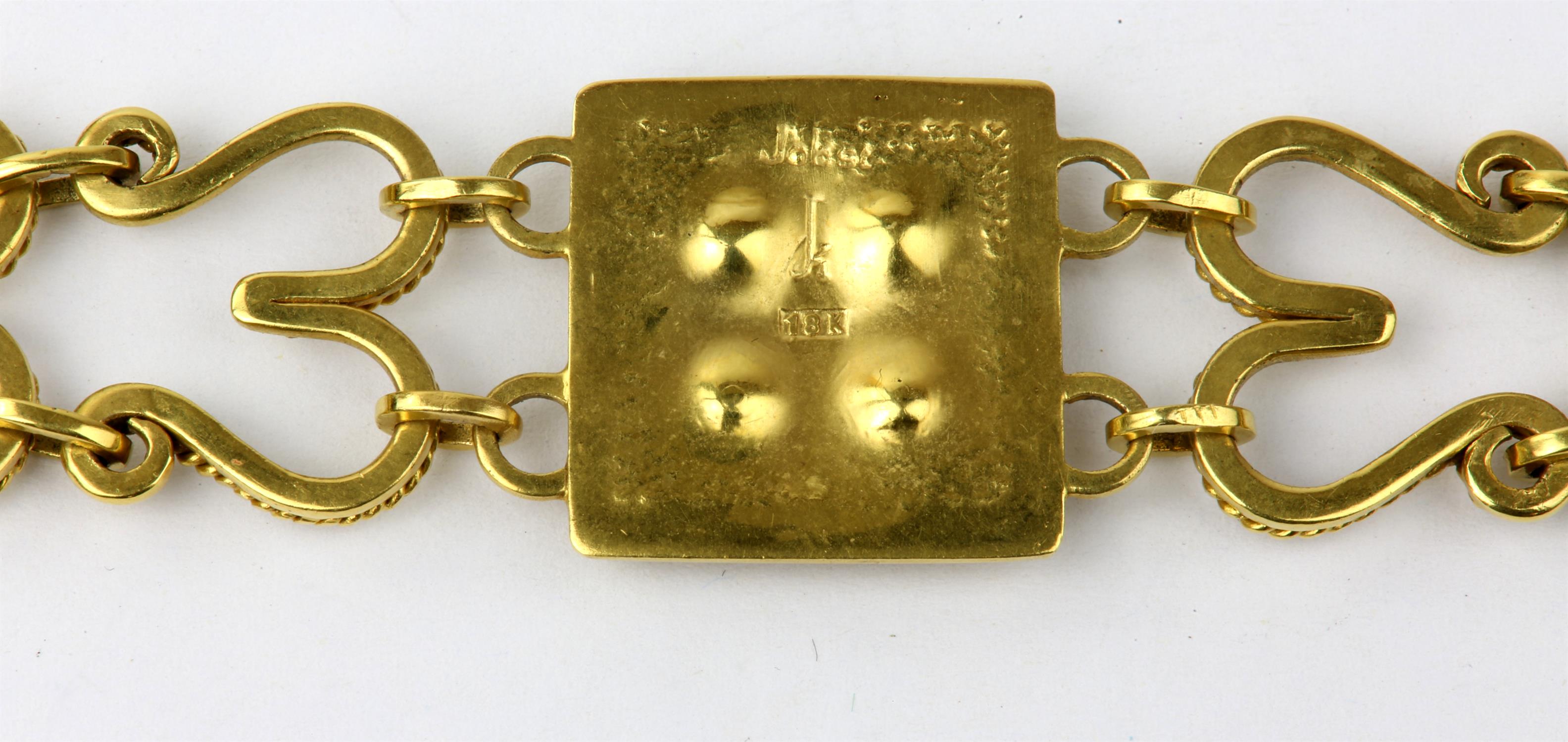 Gold and seed pearl bracelet, central square panel set with four seed pearls, attached to a fancy - Image 3 of 3