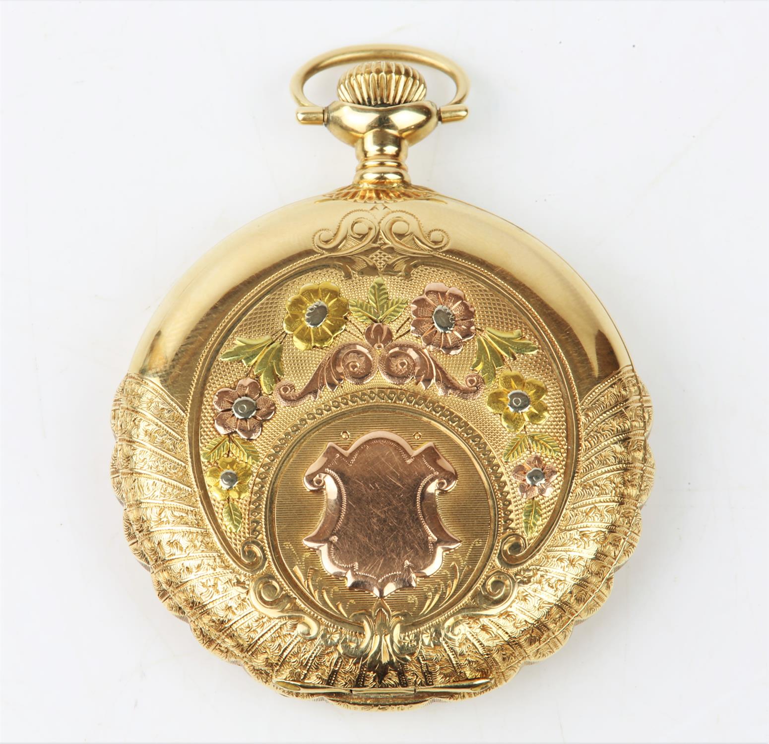 Elgin, a full hunter gold pocket watch, the case embossed with stags head and foliate reserve, - Image 5 of 5