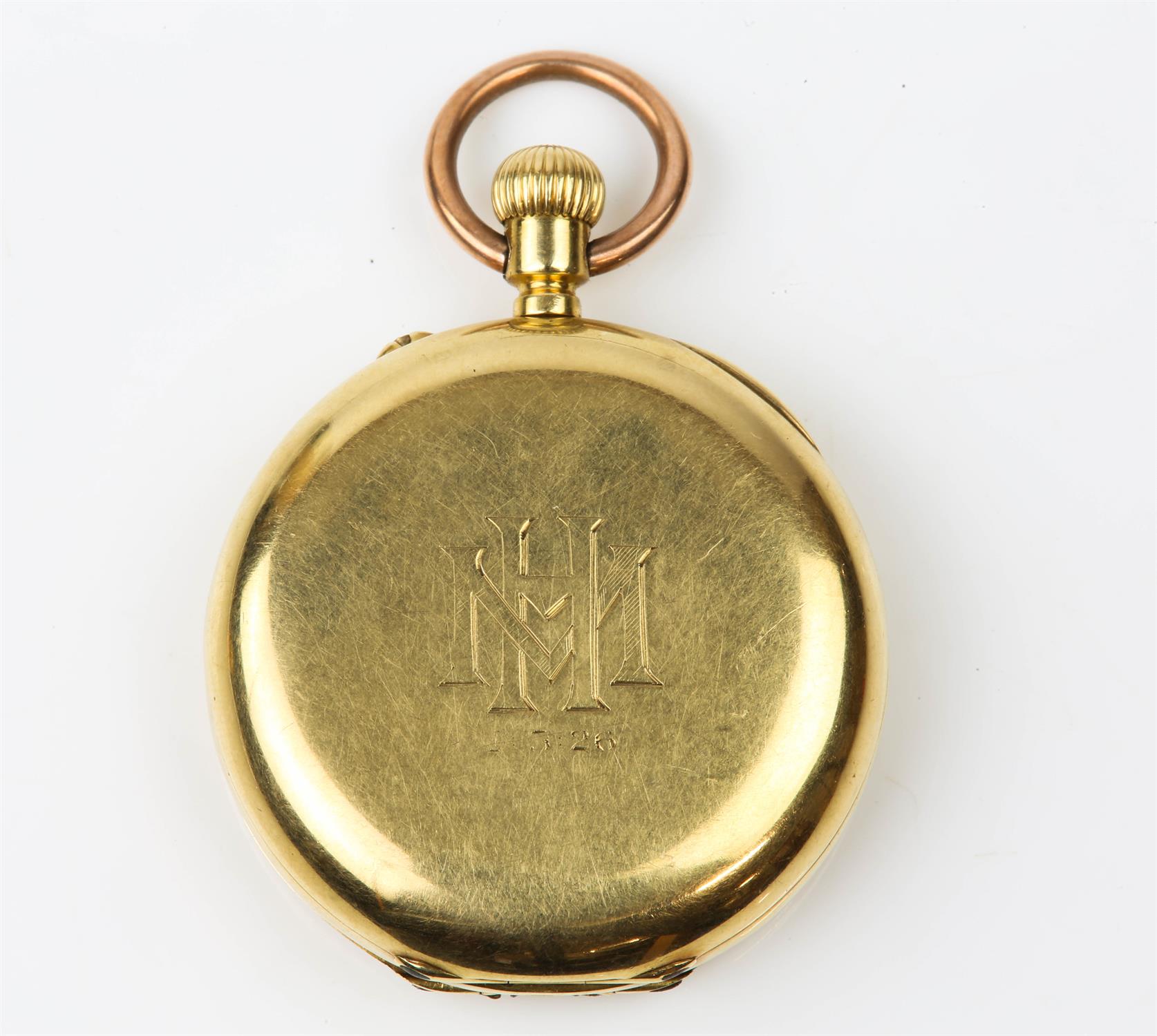 Gold half hunter pocket watch, white enamel dial with Roman numeral hour markers, - Image 2 of 4