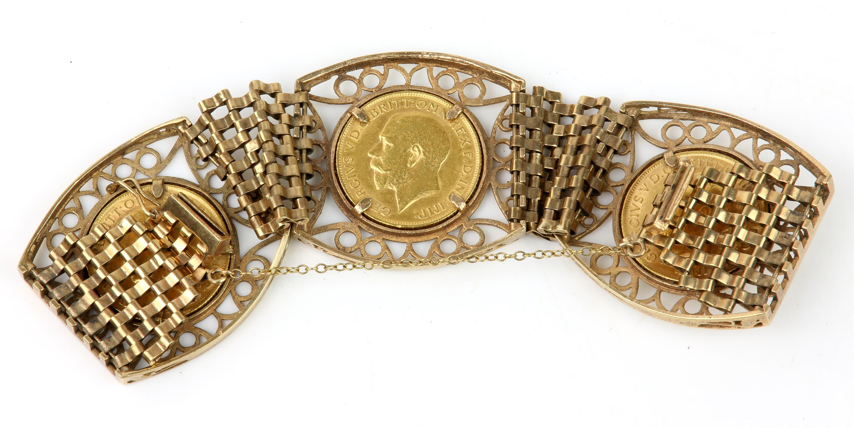 Sovereign bracelet, three George V sovereigns dated 1911, 1913 and 1915, mounted in a 9ct yellow - Image 3 of 4
