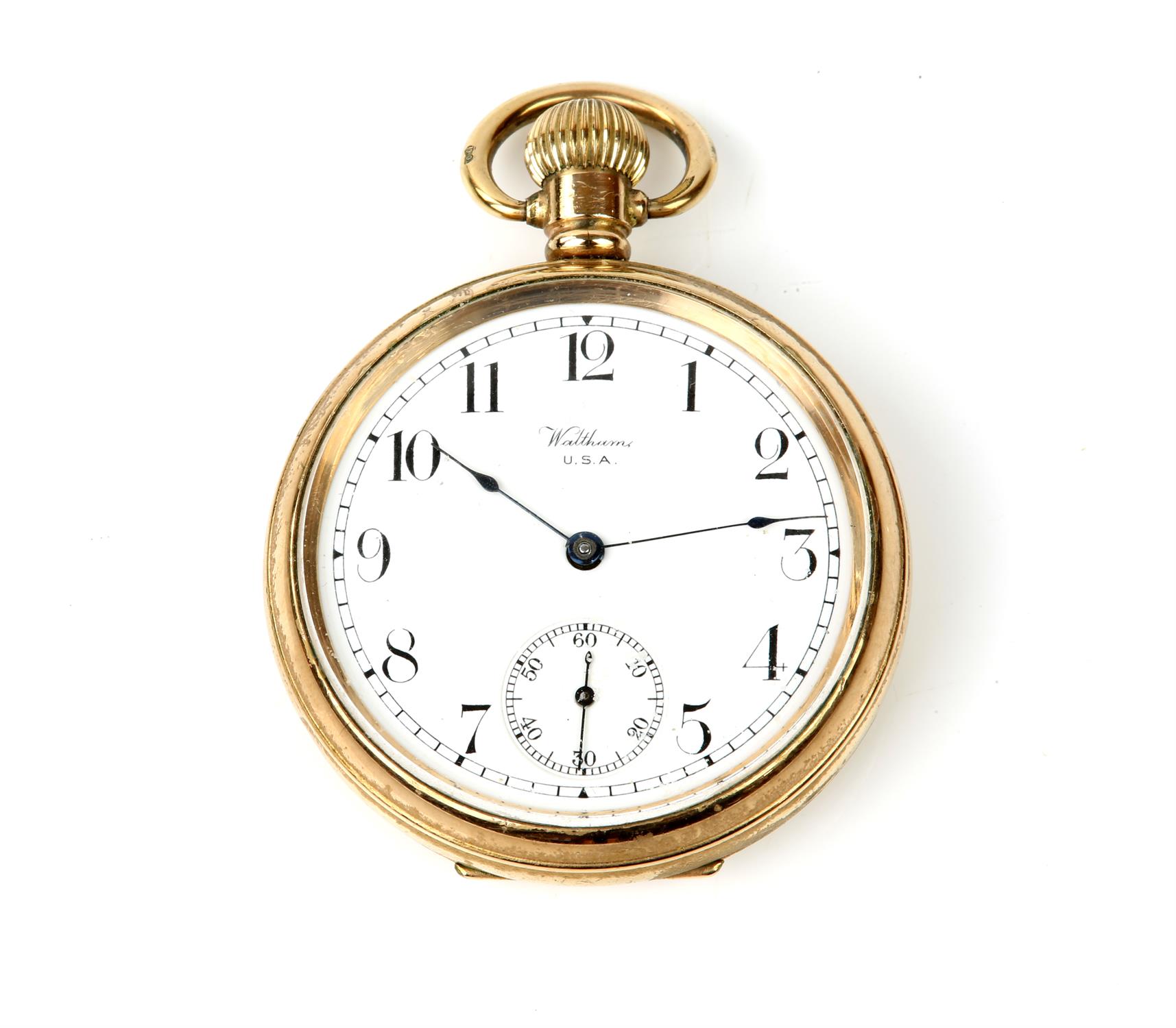 A Waltham Royal open face pocket watch the signed white enamel dial with Arabic numeral hour
