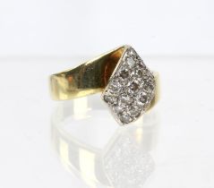 Diamond cluster ring, fifteen round brilliant cut diamonds mounted in a diamond shape,