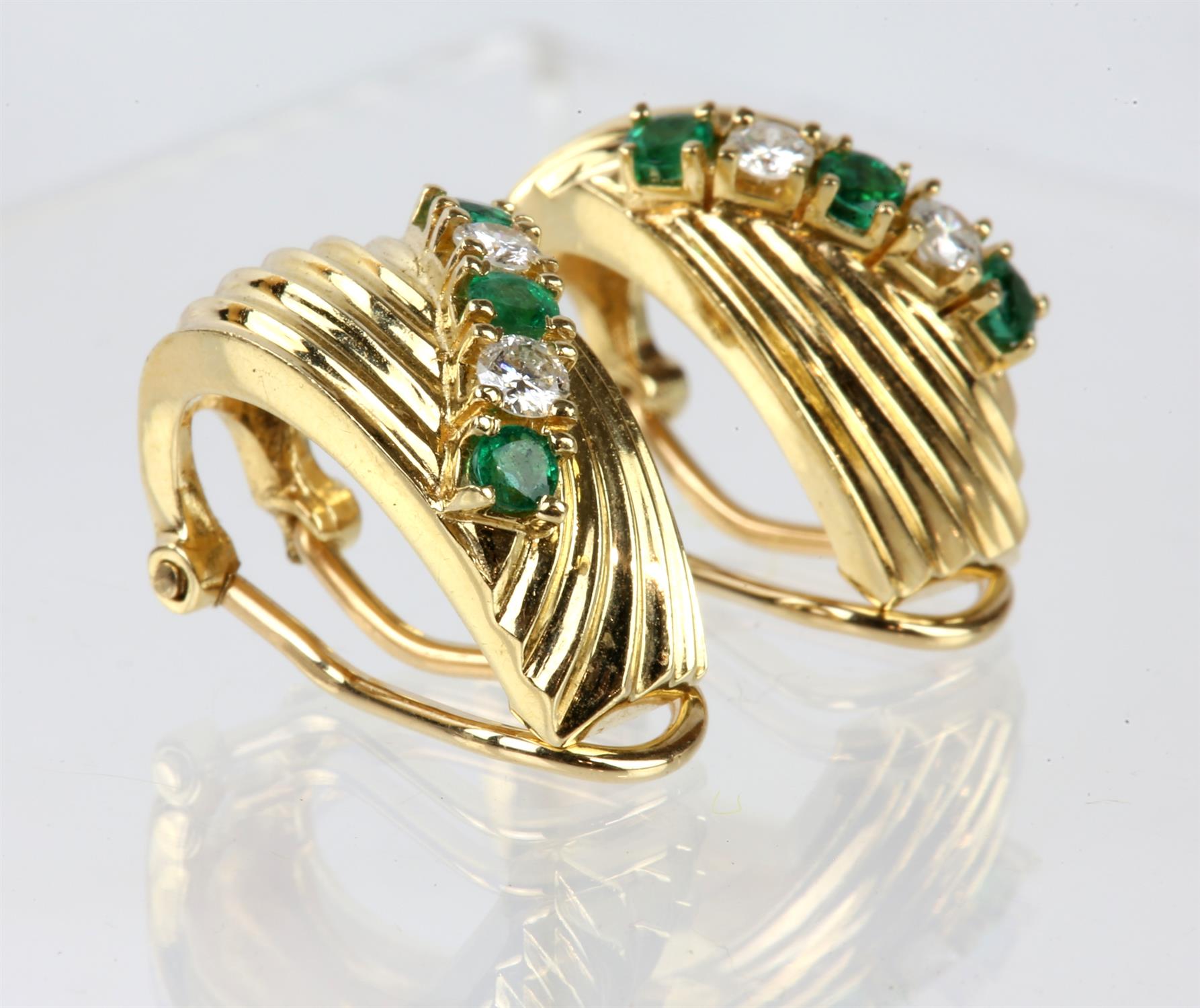 Pair of emerald and diamond clip-on earrings, each earring consisting of three round cut emeralds - Image 3 of 4