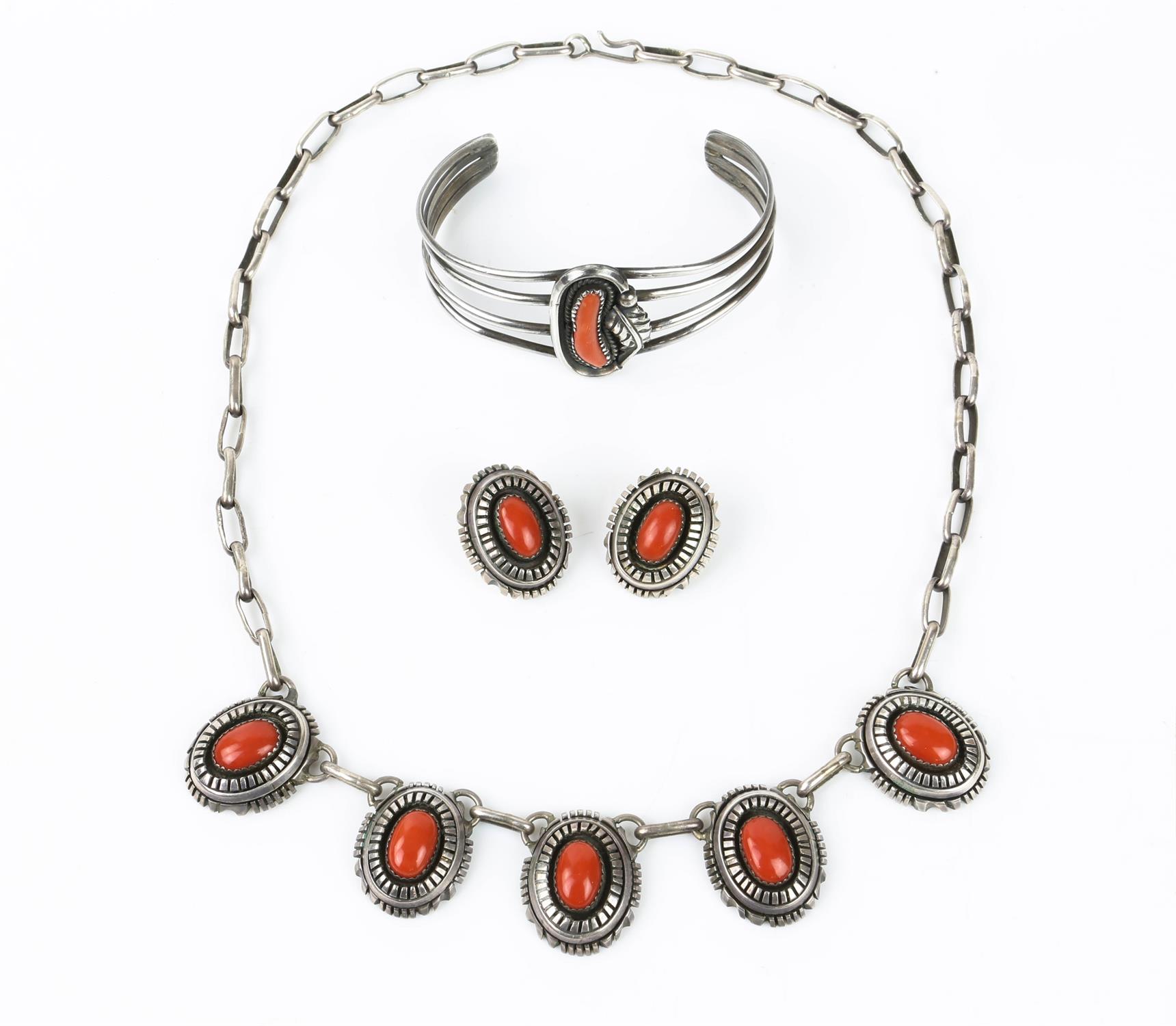 Silver and coral matching set including an integrated elongated cable chain necklace set with 5