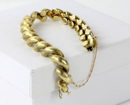 Fancy link gold bracelet, half moon design domed links, with box clasp and safety chain,