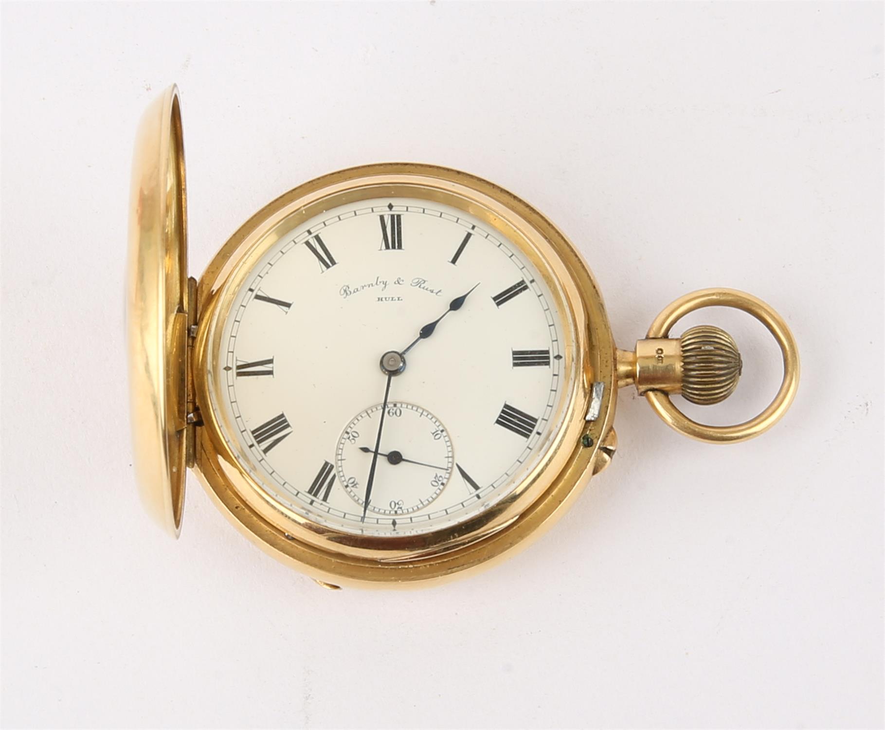Gold half hunter pocket watch, signed white enamel dial Barnby and Rust, Roman numeral hour markers,