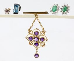 Amethyst and seed pearl brooch, six round cut amethysts and and eight seed pearls set in an