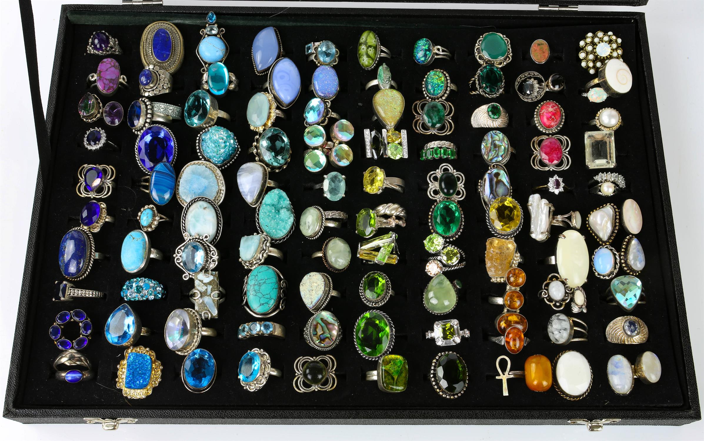 Large selection of mainly silver and gem set rings, including turquoise, topaz, citrine and shell,