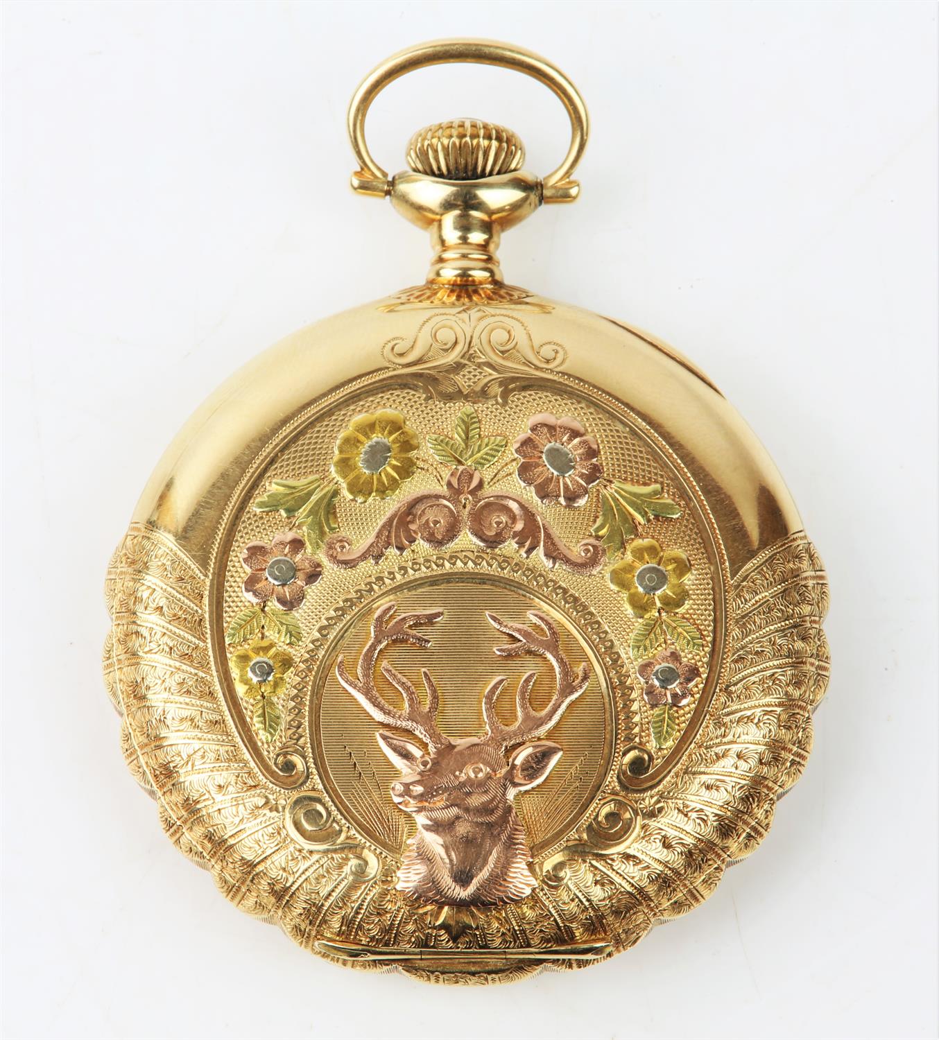 Elgin, a full hunter gold pocket watch, the case embossed with stags head and foliate reserve, - Image 4 of 5