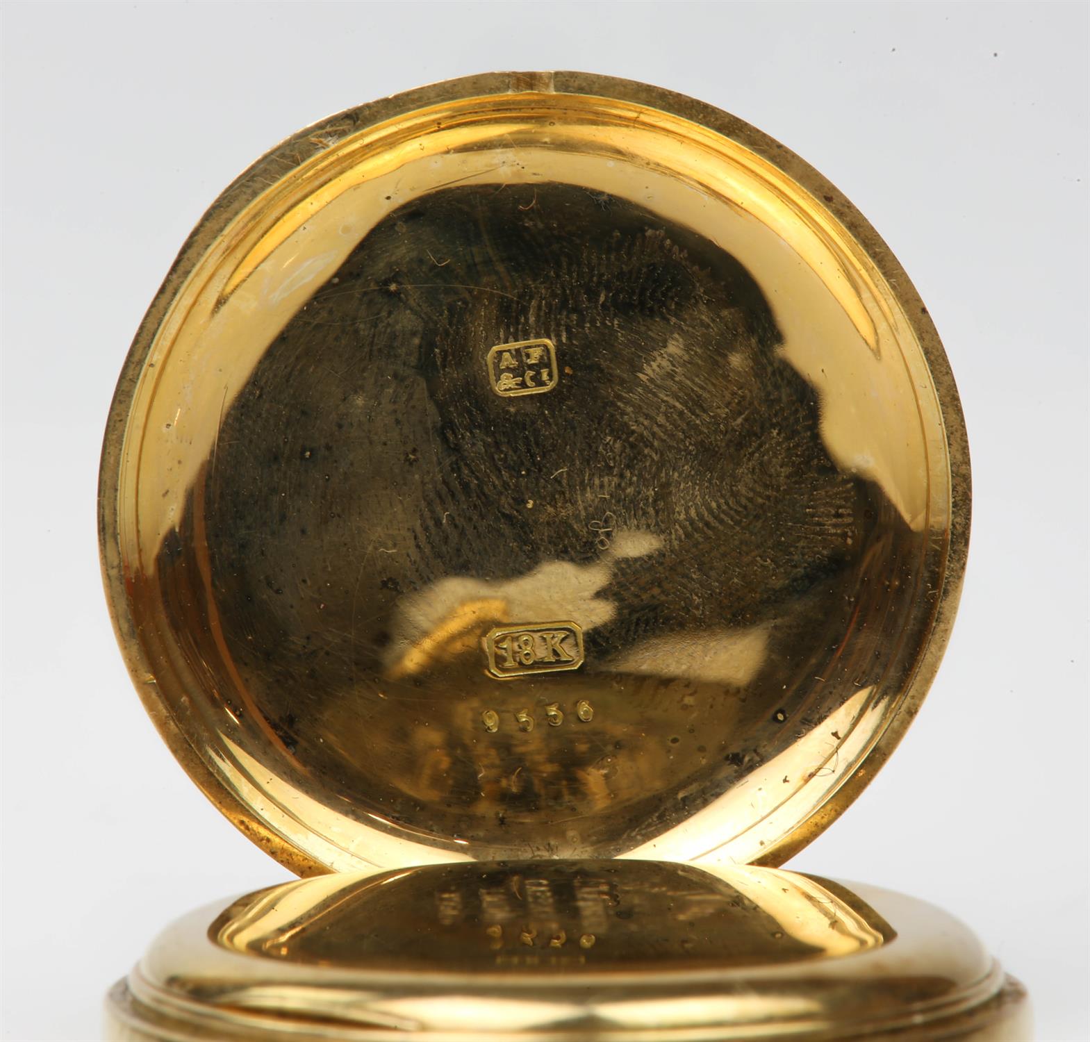 Gold half hunter pocket watch, white enamel dial with Roman numeral hour markers, - Image 4 of 4