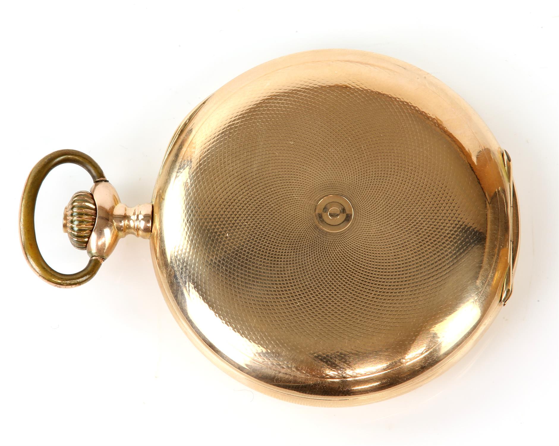 A Gold full hunter pocket watch the unsigned white enamel dial with Arabic numeral hour markers, - Image 2 of 4