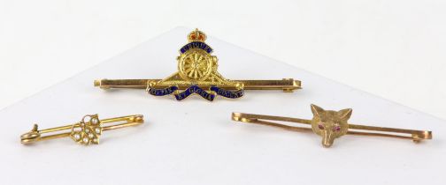 Three bar brooches, including a seed pearl butterfly bar brooch set in 9ct gold, a fox head bar