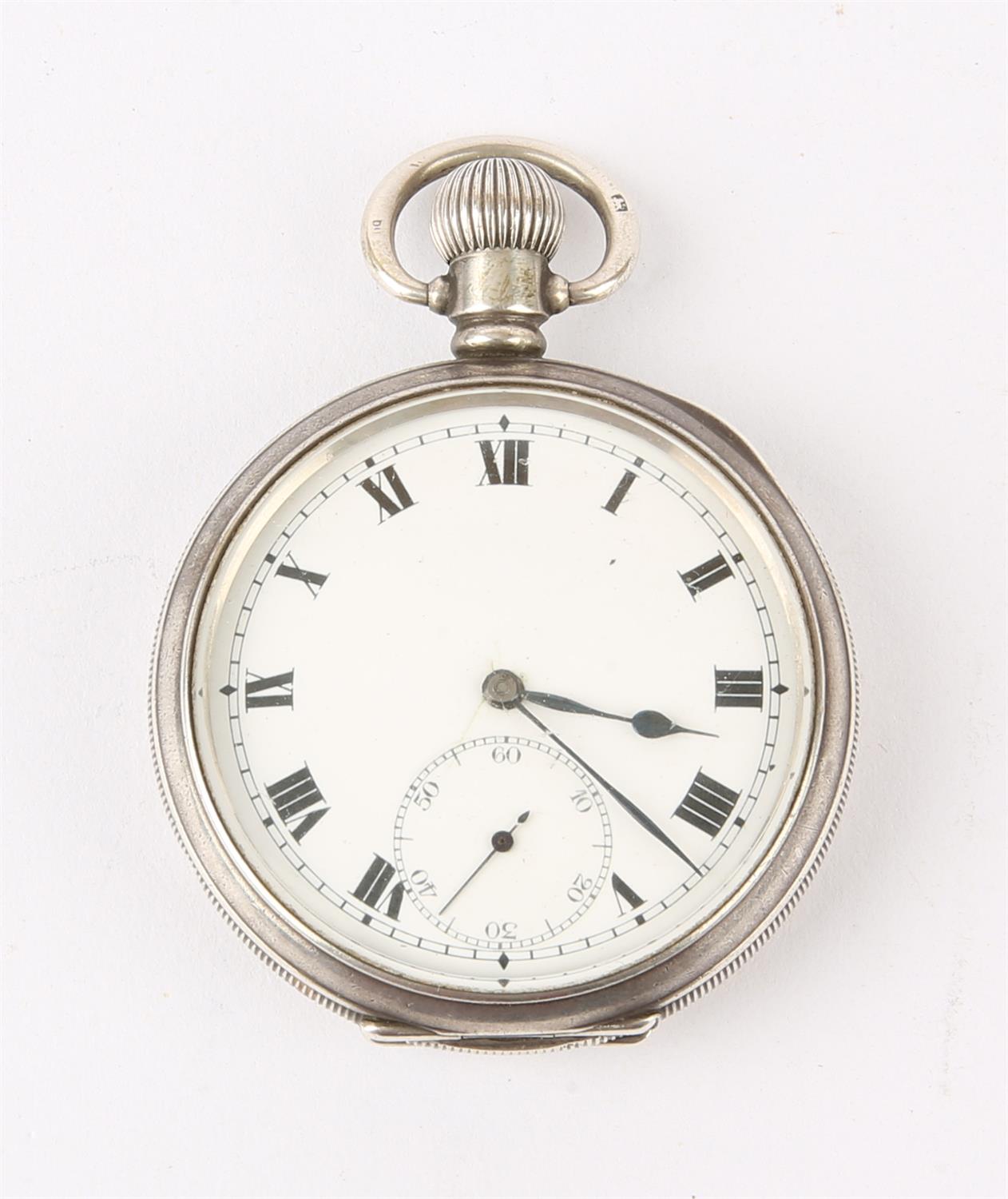 Rolex a silver open face pocket watch, the unsigned white enamel dial with roman numeral hour