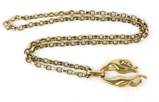 Gold hanging panther pendant in 18ct gold, on a 9ct gold belcher chain, length 51cm