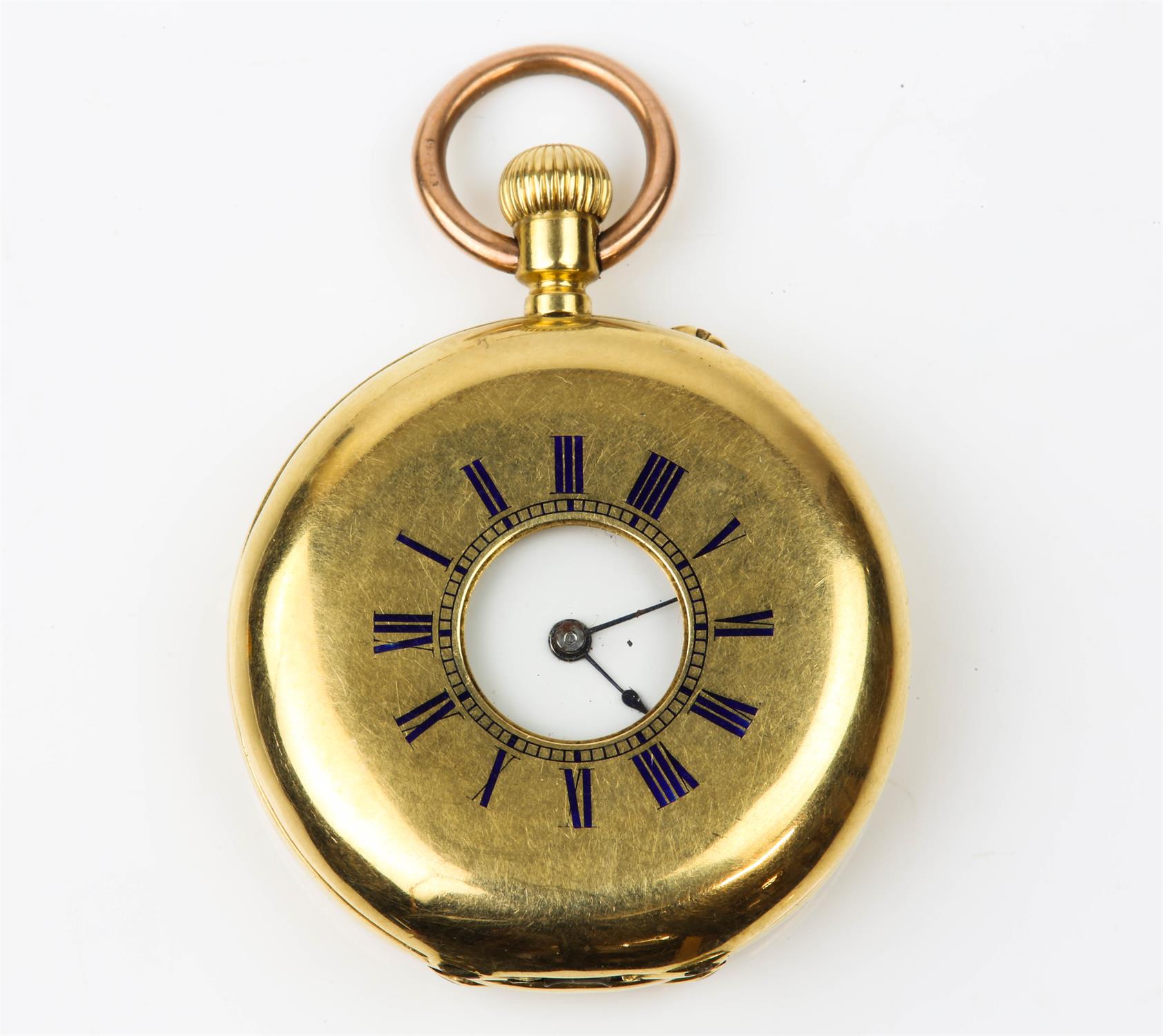 Gold half hunter pocket watch, white enamel dial with Roman numeral hour markers,