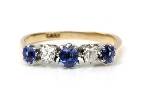 Sapphire and diamond ring, three cushion cut sapphires, with two cushion cut diamonds set in